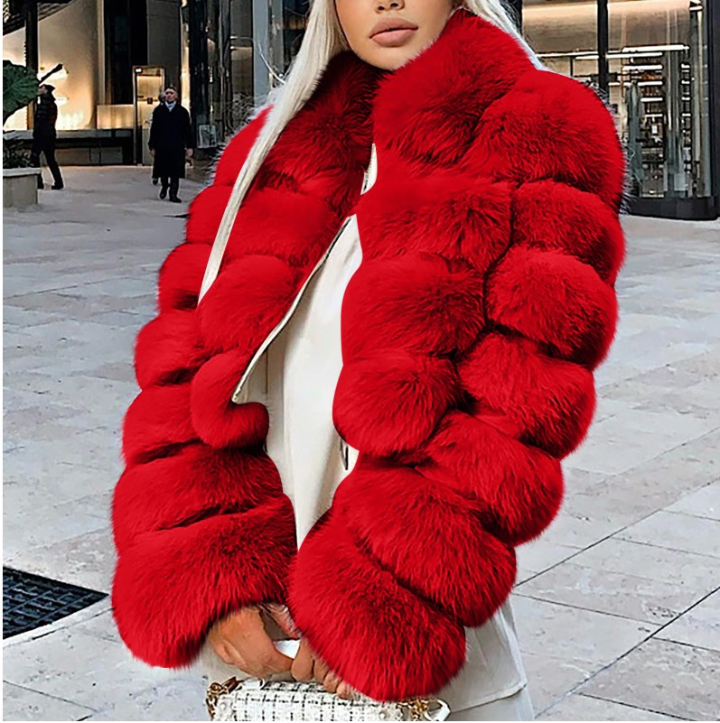 Women's Lapel Imitation Fur Coat Imitation Fox Fur Long Sleeve Patchwork Coat_voghion.com