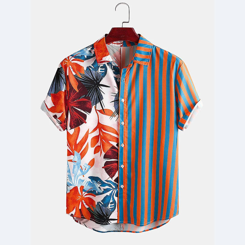 Camicia a maniche corte con stampa a contrasto a righe e motivo a cocco da uomo, modello 2025_voghion.com