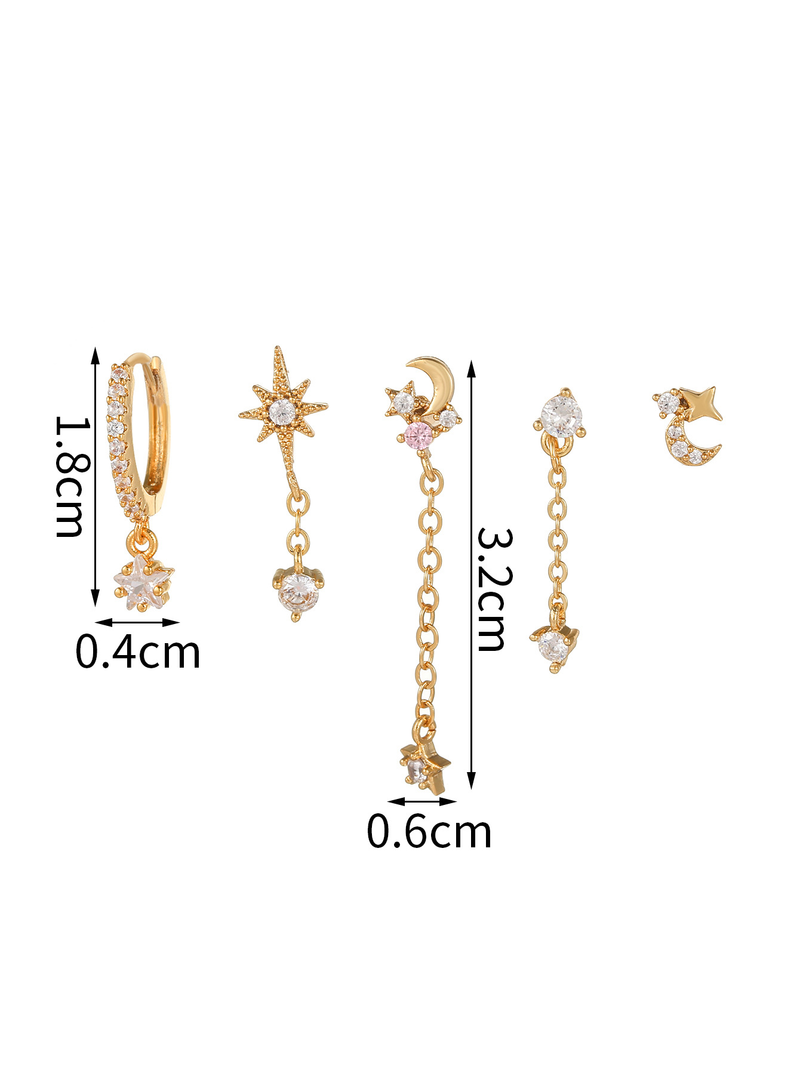Star And Moon Chain Tassel Six Pointed Star Personality Fashion Zircon Set Female Earrings_voghion.com