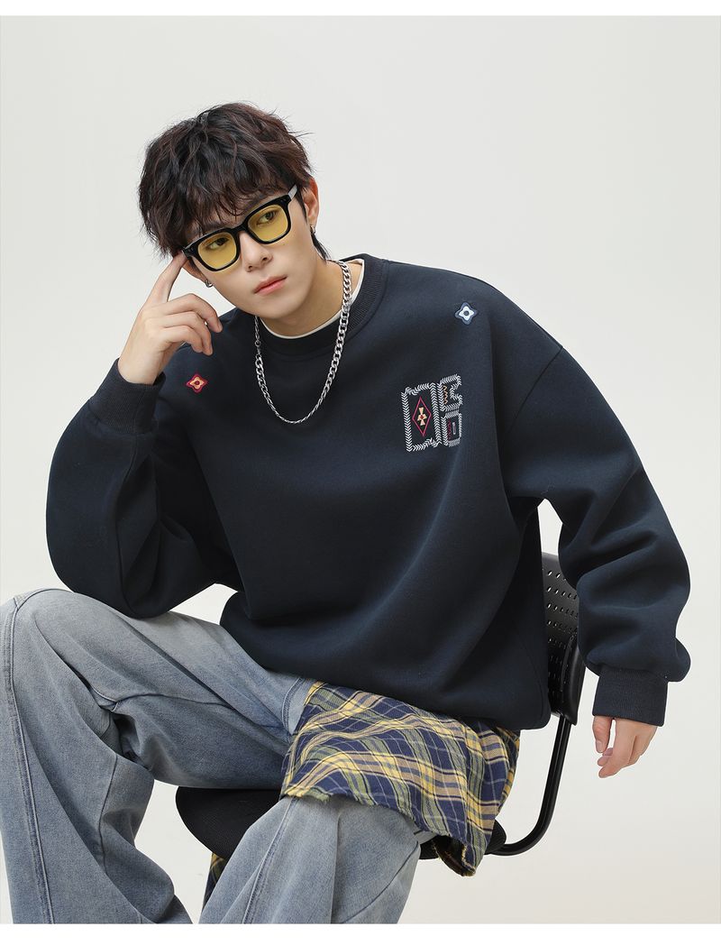 Men's Heavyweight Crewneck Sweatshirt Ethnic Color Block Embroidery Streetwear Pullover Fall Casual Top_voghion.com