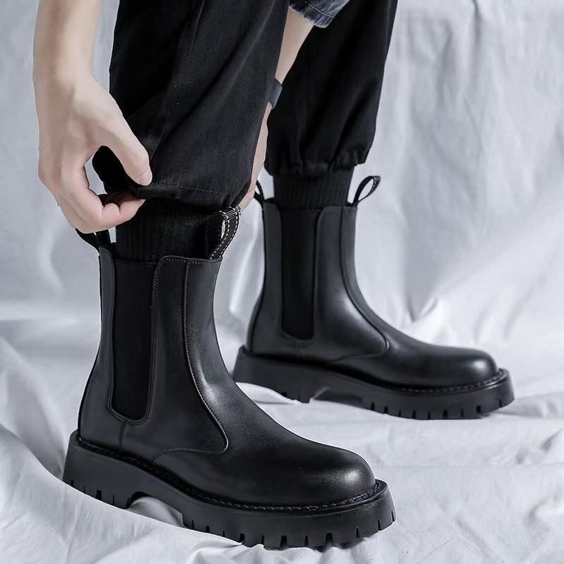 Chelsea Boots Men's High-top Leather Shoes, Cigarette Boots, Martin Boots Men's Velvet Black Boots Men's_voghion.com