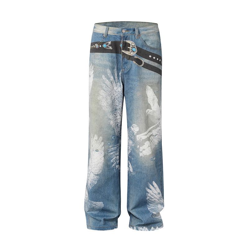 Men's Clothing American High Street Men's And Women's Distressed Trousers, Unisex Graffiti Hand Painted Belt Print Washed Jeans Trend_voghion.com
