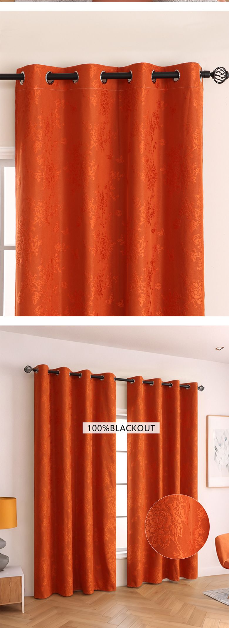 Blackout Curtains With Jacquard Design For Living Room & Bedroom - Thermal Insulated, 100% Light Blocking, 1 Panel (Orange/Green)_voghion.com