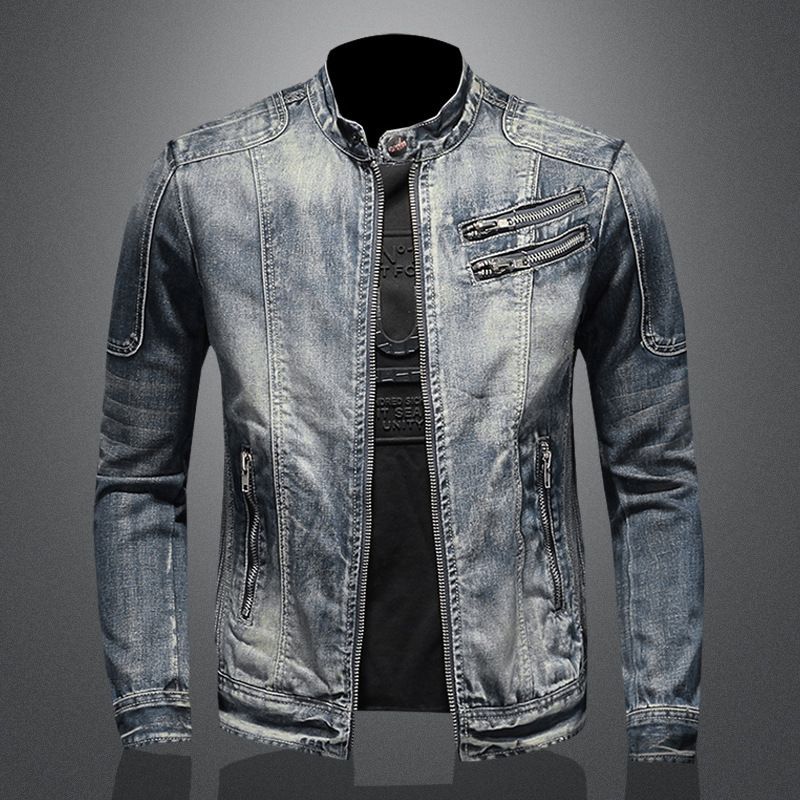 Veste de moto en jean pour homme, décontractée et polyvalente, à col montant et fermeture éclair, idéale pour toutes les saisons_voghion.com