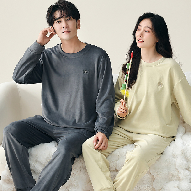 Island Paar Pyjamas Damen Herbst und verdickte Korallen Samt Home Kleidung einfarbig Herren Set Winter_voghion.com