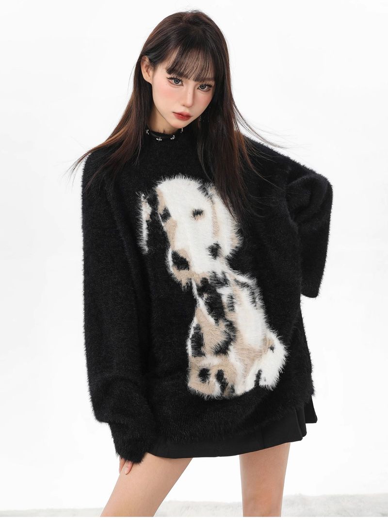 Suéter de terciopelo de visón con lunares negros para mujer, suave y holgado, de mohair, de longitud media, para otoño e invierno._voghion.com