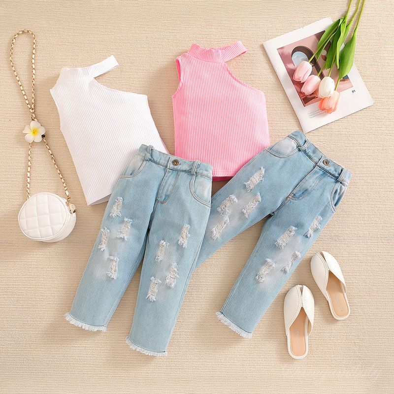 Småjenteklær Fasjonable jentedresser Nye sommerklær Jentekjoler med bare skuldre Ripped Jeans Dress med to deler_voghion.com