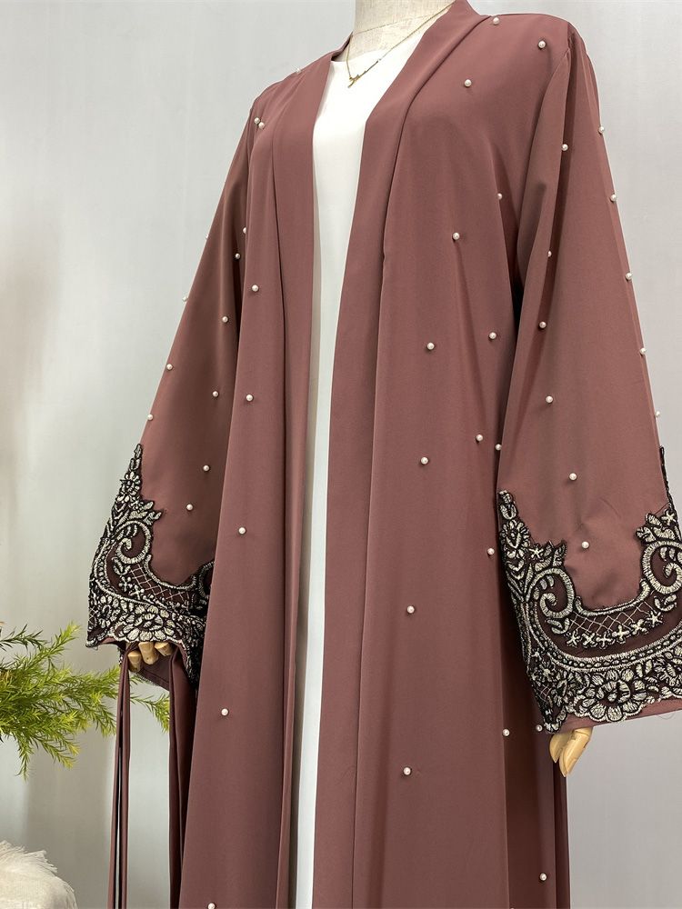 Vestiti da donna Abaya aperti in pizzo con perle, design alla moda musulmana, kimono lungo, kaftano, abiti islamici di Dubai per le donne_voghion.com