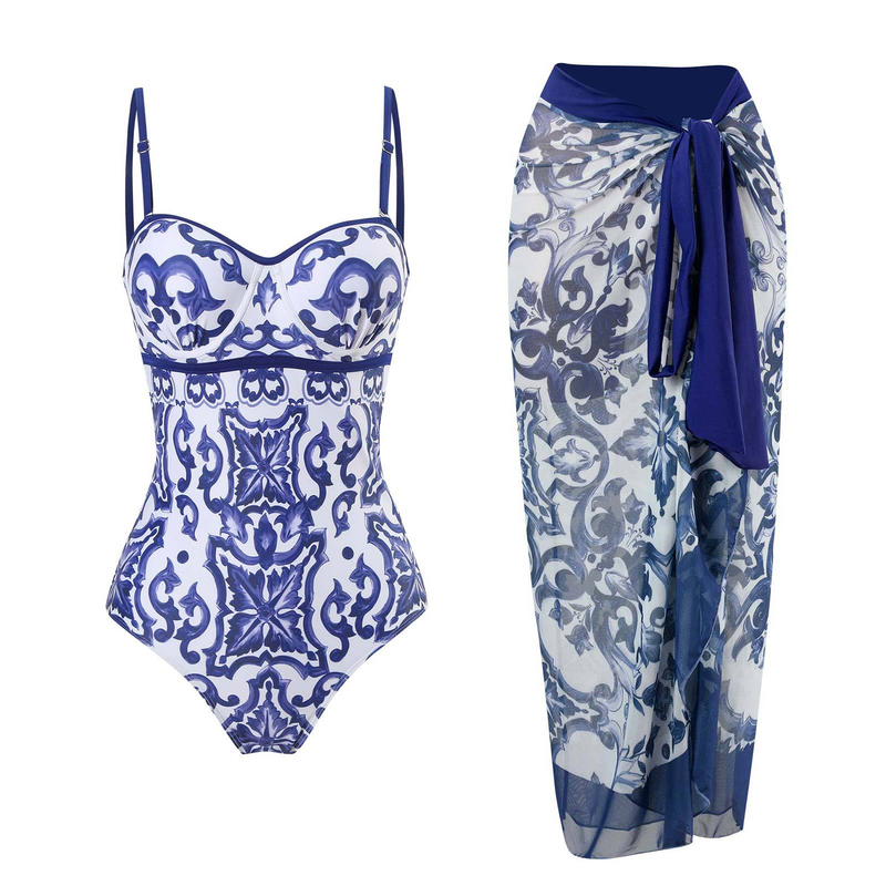 Maillot de bain une pièce pour femme Maillot de bain moulant et rétro imprimé en mousseline de soie avec support en acier et sac rigide_voghion.com