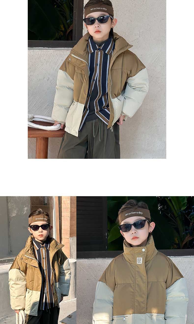 Kinderpufferjack met colorblock-design – 90% witte eendendonsjas, opstaande kraag, winterklaar voor jongens en meisjes (110-150 cm)_voghion.com