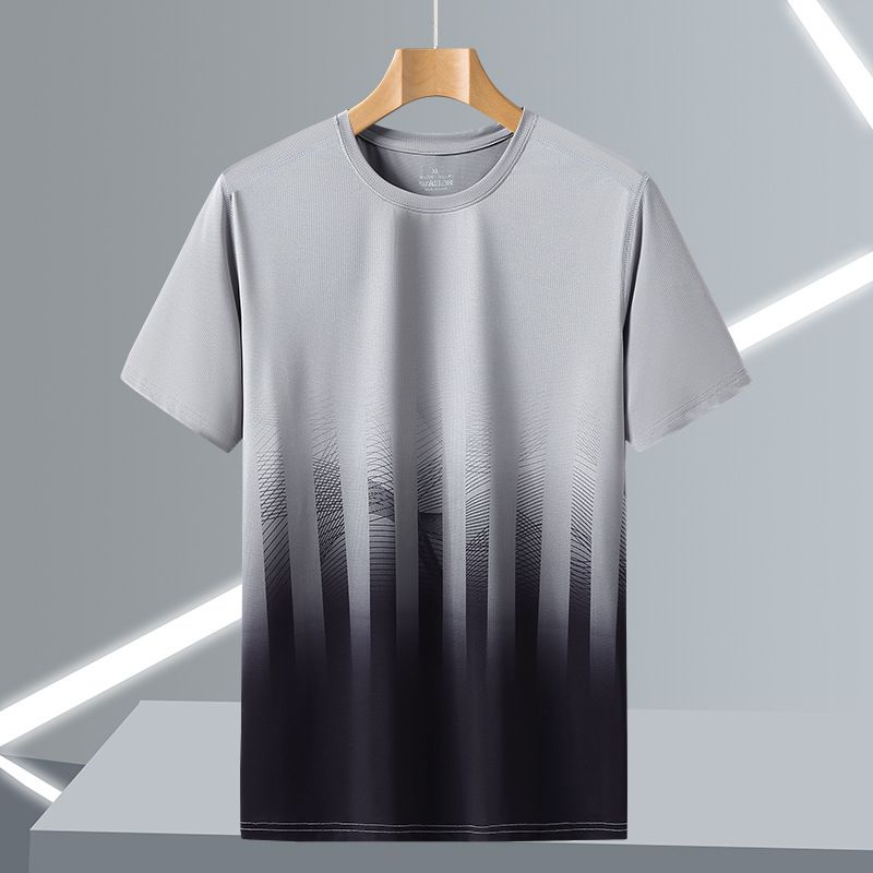 Sommer Neue Eisseide Großer Lockerer Farbverlaufsdruck Schnelltrocknendes Rundhals-Kurzes T-Shirt Halbarm Herrenbekleidung_voghion.com