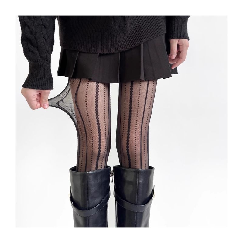 Rajstopy z koronki wiktoriańskiej – barokowe pończochy z siateczki w paski dla Lolity i Dark Academii (czarno-biało-lawendowe, rozmiar uniwersalny)_voghion.com