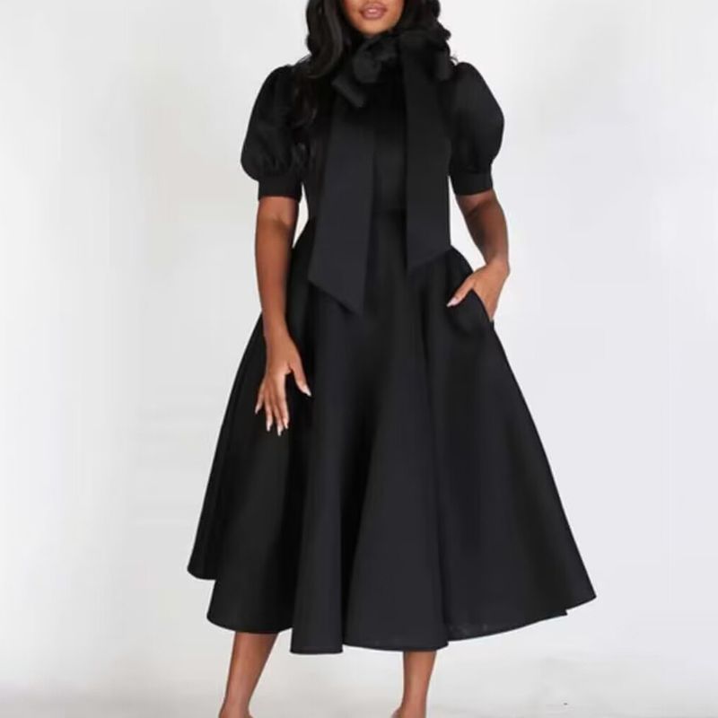 Vêtements pour femmes, printemps et été, tempérament, manches bouffantes, couleur unie, design, ceinture, jupe longue_voghion.com