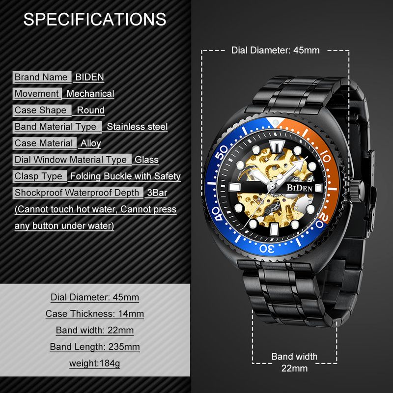 Montre mécanique classique BIDEN pour homme, marque de luxe, automatique, lunette rotative, cadran lumineux, livrée avec un écrin_voghion.com