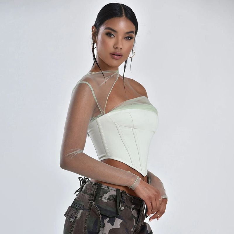 Women's temperament sexy see-through mesh stitching chest top_voghion.com