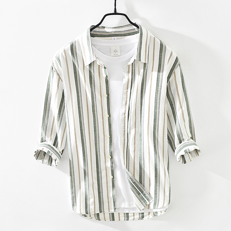 2838 Camicia da uomo in lino e cotone con maniche a 3/4, stile letterario e fresco, a righe, sottile e ampia, con scollo quadrato, pezzo unico, per la sostituzione dei capelli._voghion.com