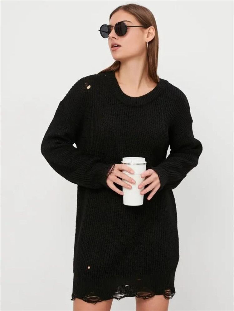 Loose solid color perforated sweater, mid to length, autumn/winter 2024 new item, round neck pullover, long sleeved_voghion.com