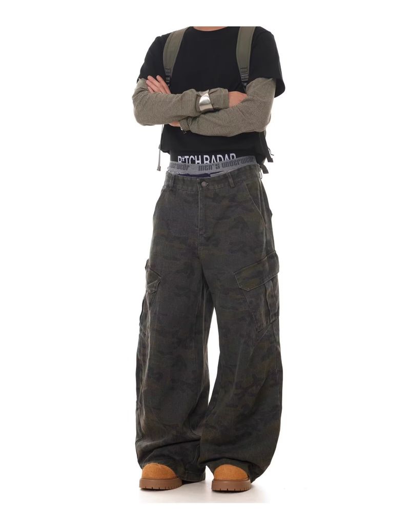 Men's Retro Camo Cargo Jeans - Military-Inspired Baggy Pants With Multi-Pockets, Straight Cut & Distressed Wash_voghion.com