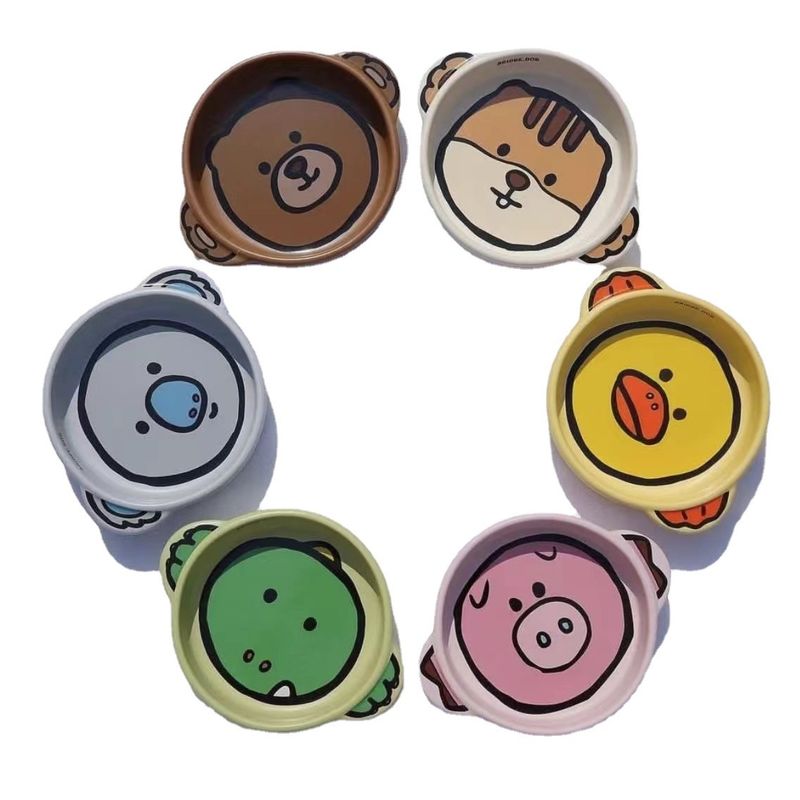 Nouveauté coréenne : bol à riz universel en céramique à fond plat et double anse, motif animaux mignons (chat et chien), vente en gros._voghion.com