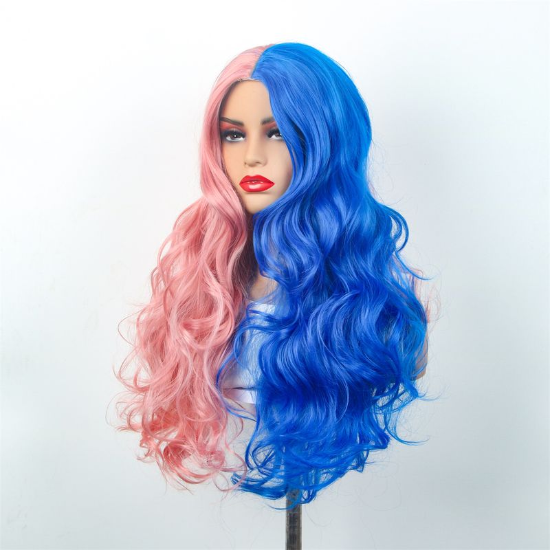 Rose breathable inner net blue and pink wig middle part long curly hair female COS wig big wave high temperature wire spot_voghion.com