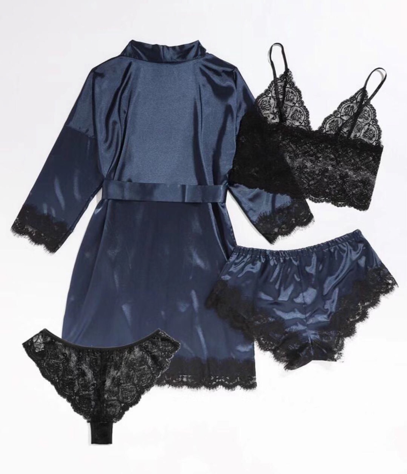 Pigiama da donna 4 pezzi in pizzo con bretelle Pigiama da donna estivo con camicia da notte Camicia da notte_voghion.com