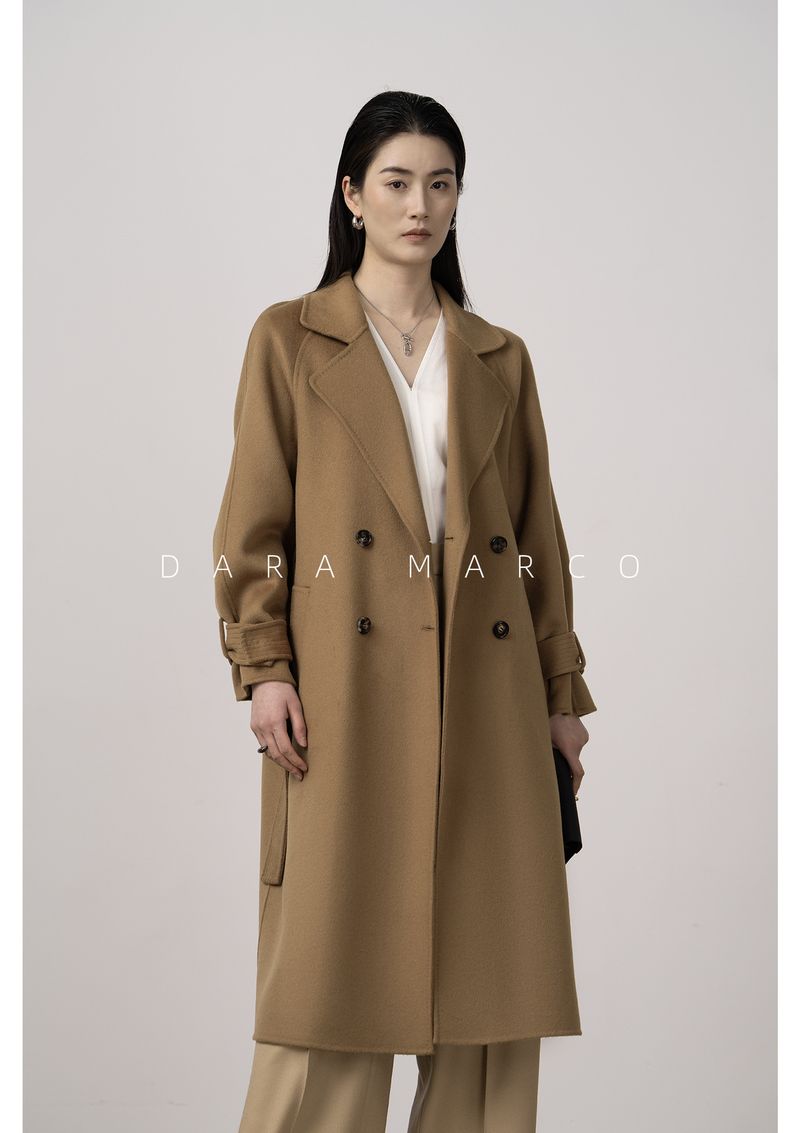 Trench double-face di lusso in misto cashmere e seta per donna – Elegante design con spalle scese, cappotto lungo aderente con drappeggio lusinghiero_voghion.com