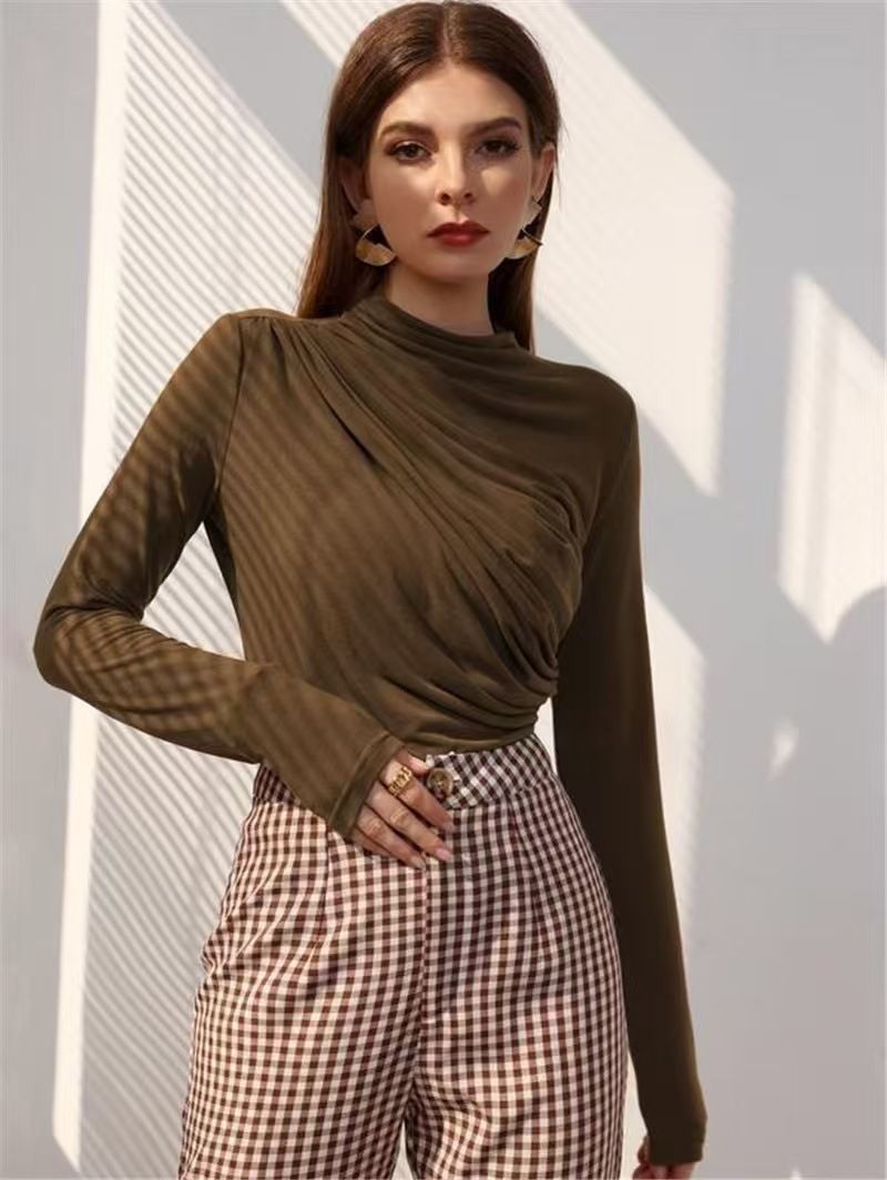 2025 Autumn And Winter New Design, Pleated Versatile Long Sleeved T-shirt, Women's Solid Color Top_voghion.com