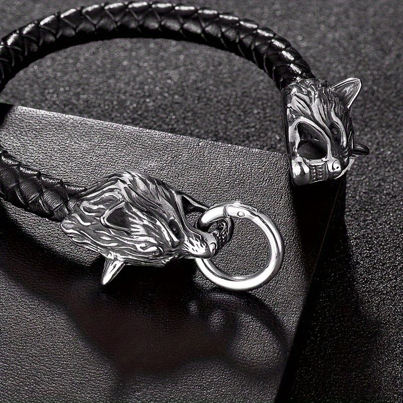 Nuovo braccialetto da uomo creativo personalizzato in pelle con testa di lupo vichingo, fatto a mano_voghion.com