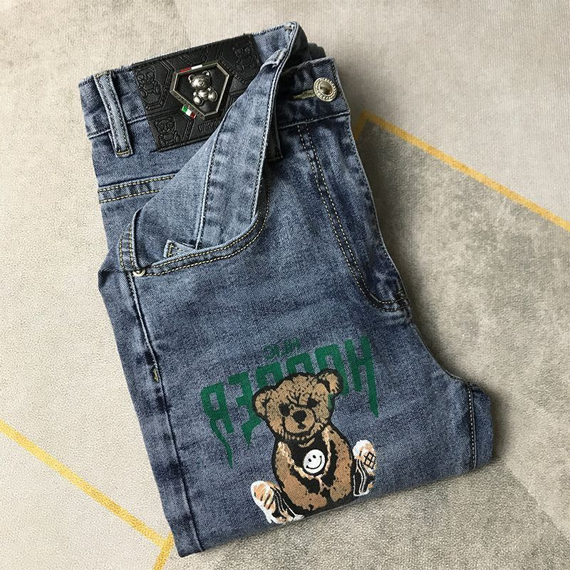 Jesenske nove moške kavbojke, trendovske blagovne znamke, vezeni tisk, mladinske elastične, slim fit, majhne stopala, vsestranske, priložnostne hlače_voghion.com