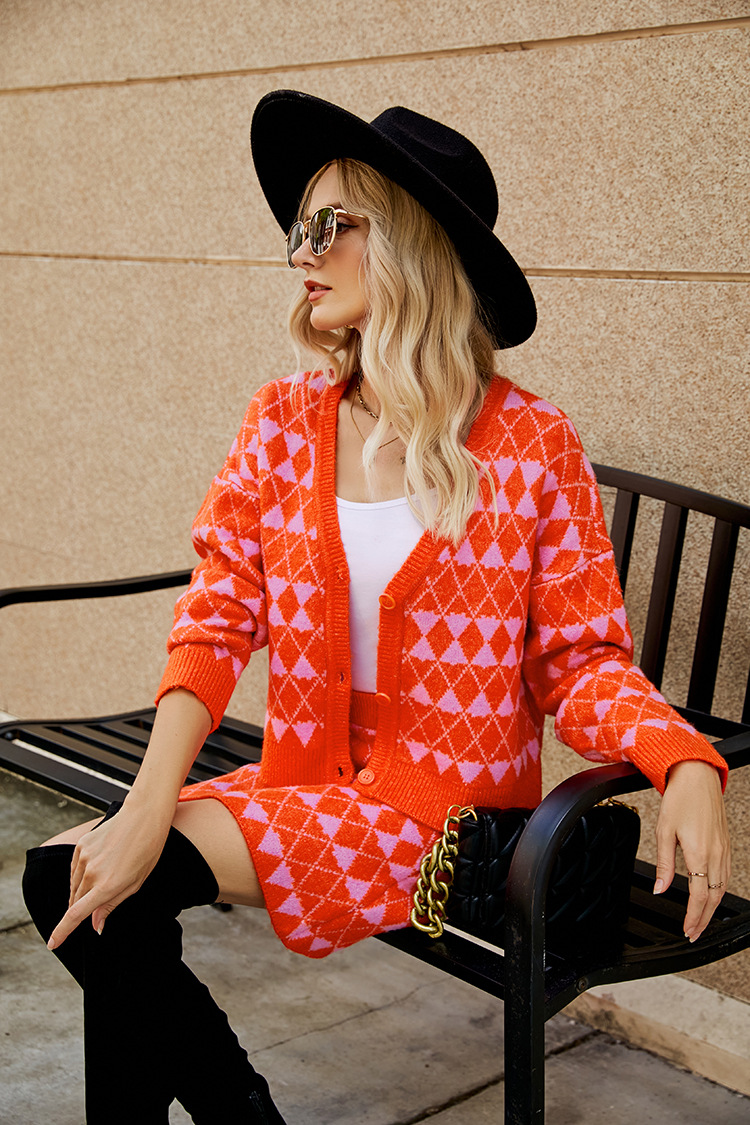 Conjunto de duas peças de malha com decote em V e saia suéter conjunto losango pequeno estilo perfumado cardigan de malha_voghion.com