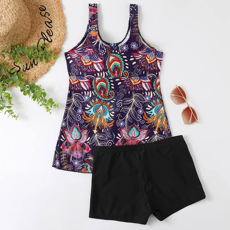 Bañador conservador multicolor con estampado de color liso para mujer, falda tipo bóxer, traje de baño dividido_voghion.com