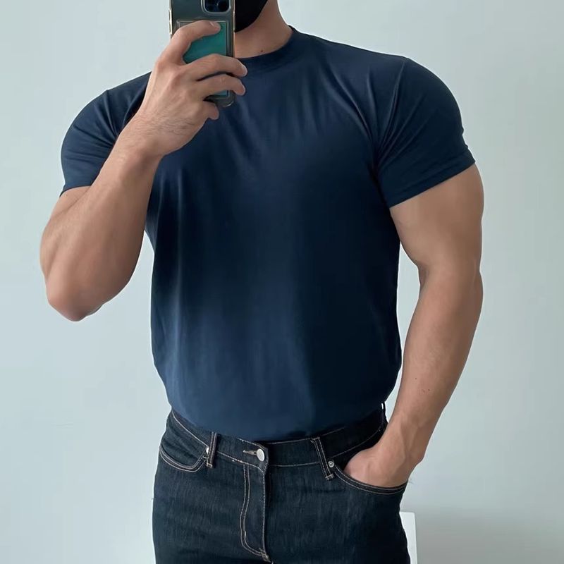 Herrenbekleidung Sommer-T-Shirt mit kleinem Ausschnitt Slim Fit Kurzarm Muskelanzug_voghion.com