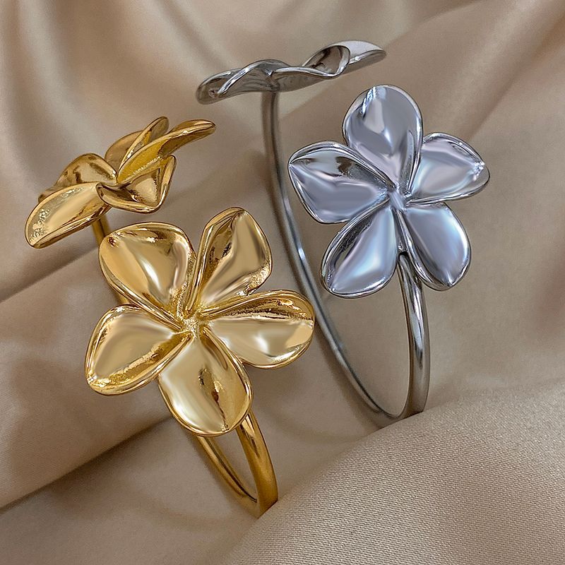 Bracciale rigido Greatera in acciaio inossidabile con doppio fiore per donna, braccialetti floreali in metallo color oro, gioielli da festa impermeabili_voghion.com