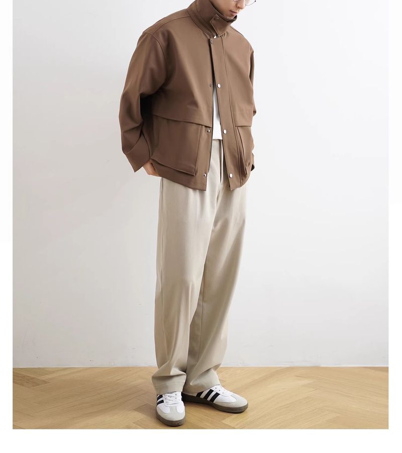 Bruine werkkleding corduroy patchwork kraag raglanmouwen heren korte jas_voghion.com