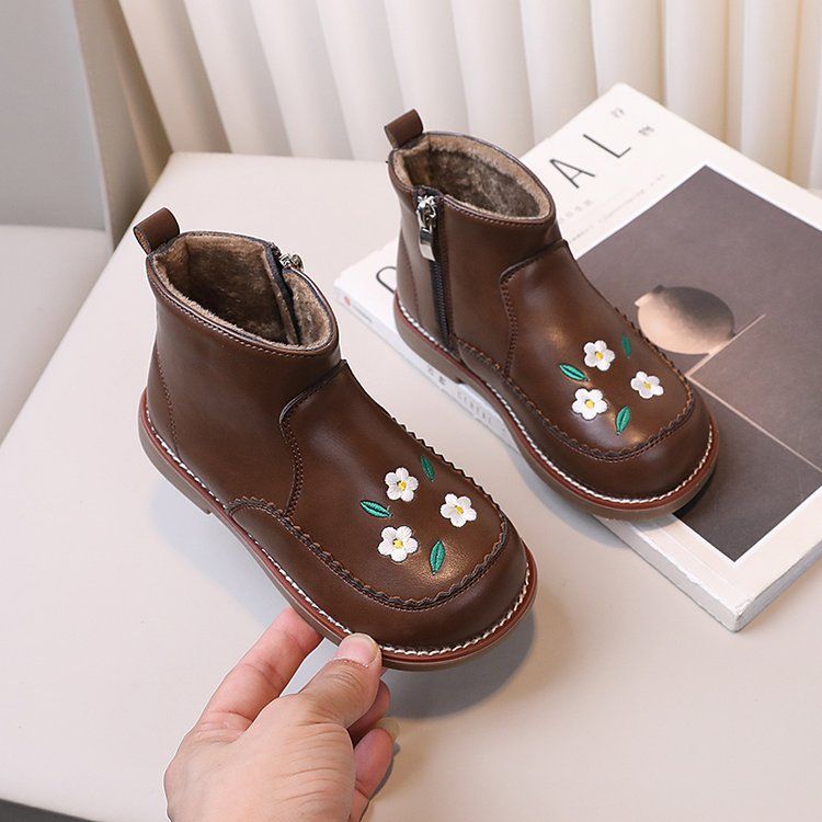 Kinder Fleece-gefütterte warme kurze Herbst-Winter-neue süße Baumwoll-Mädchen-Seitenreißverschluss-Lederstiefel_voghion.com