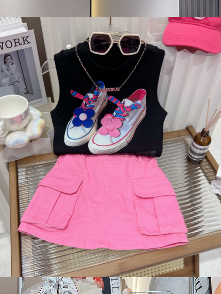 Abbigliamento per bambini Set gonna corta gilet senza maniche per bambine, abito estivo, gonna gilet alla moda per bambini di medie e grandi dimensioni, set due pezzi_voghion.com