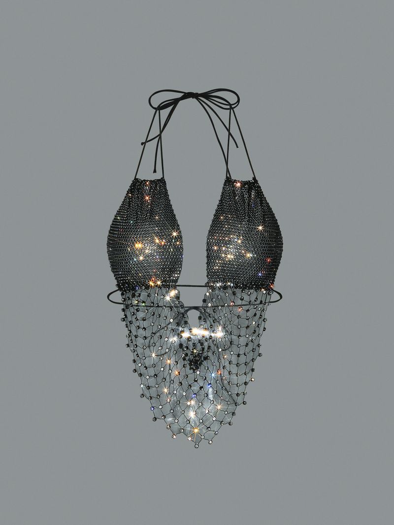 Top sexy con bretelle in rete con strass e cuciture, per feste in discoteca, Spice Girl, festival musicali, donna_voghion.com