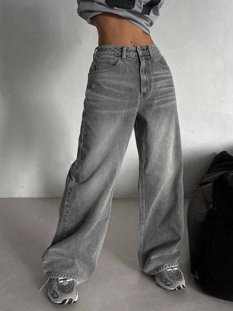 Dameskleding Street Retro Smoky Grey Washed Wide Leg Jeans Herfst en Winter Hoge Taille Losse Wijde Pijpen Mopping Broek_voghion.com