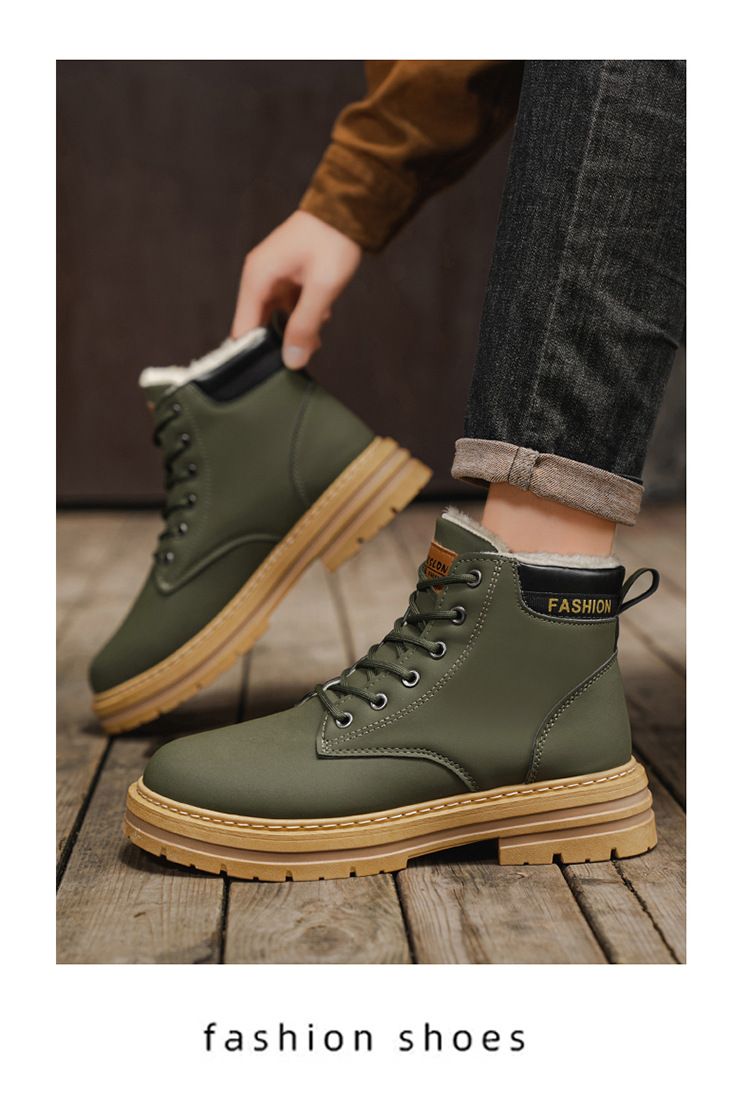 Men's Classic British Style Fleece-Lined Martin Boots - Comfortable Round Toe Casual Shoes For Winter (Khaki, Black, Gray, Green)_voghion.com