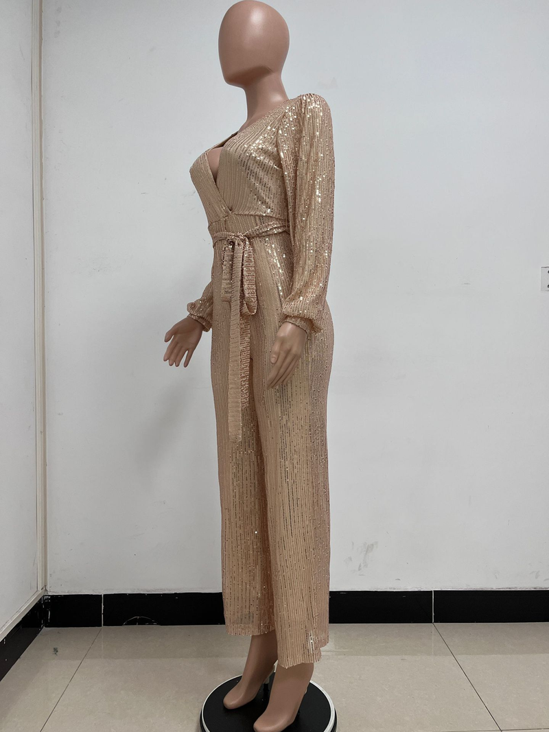 Damkläder Ins Style Deep V Mode Casual Jumpsuit Långärmat Bälte Paljett Jumpsuit Dam_voghion.com