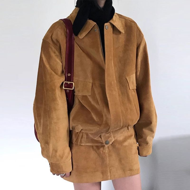 Ensemble deux pièces style coréen pour femme, veste ample + mini-jupe, fermeture éclair, manches longues, col rabattu, printemps-automne_voghion.com