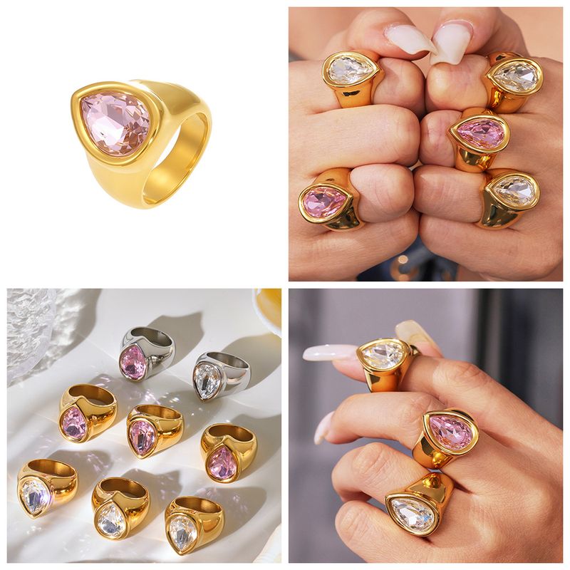 Square Sugar Personalized Retro Diamond Set Stainless Steel Zircon Water Drop Shaped Cut Surface Zircon Ring For Women_voghion.com