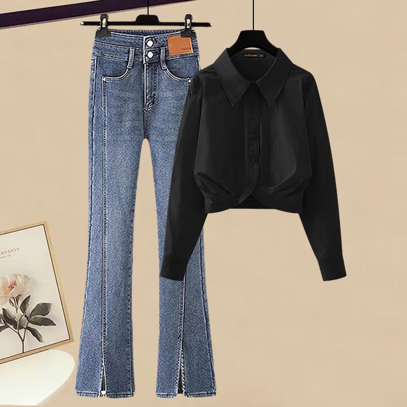 Roupas femininas, traje de duas peças para primavera quente, camisa redutora de idade, jeans com um conjunto completo de alta qualidade_voghion.com
