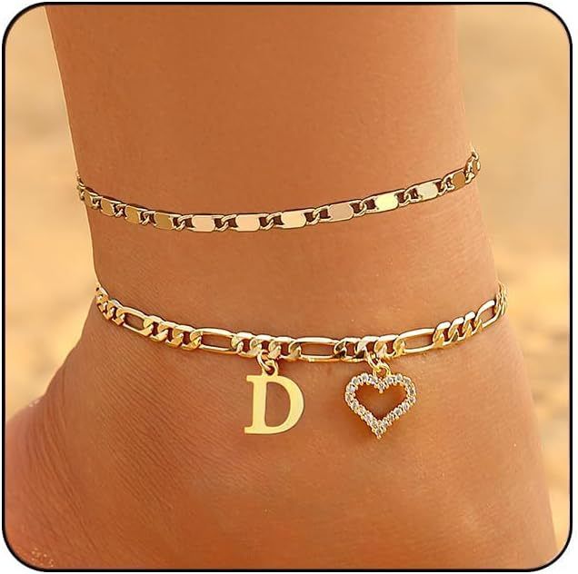 New English 26 Letters Heart Inlaid Zircon Pendant Anklet Double Layer Foot Chain Beach Vacation Accessories_voghion.com