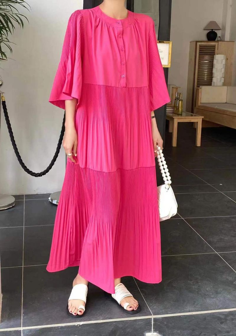 Plus Size Dress – Flowy Pleated Midi Dress With Flared Sleeves (7 Colors) | One Size Fits 8-16_voghion.com