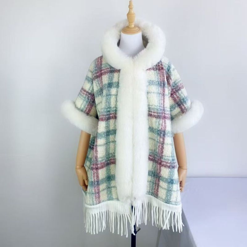 girl Girl Plus Size Fur Collar Coat Shawl Hooded Fleece Lined Mid-Length Thickened New Tassel Cape Autumn Winter Plaid_voghion.com