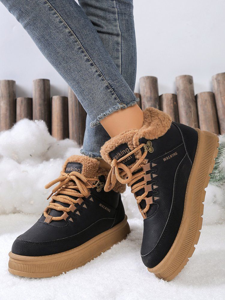 Damen Winterstiefel aus Baumwolle, warm, modisch, zum Schnüren, Schneestiefel, lässig, bequem, bis zur Mitte der Wade, mit Kunstfellfutter, rutschfeste Gummisohle_voghion.com