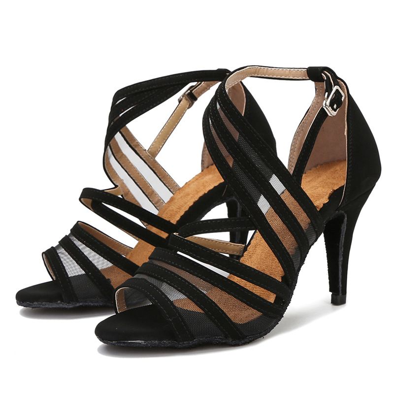 Black Latin Shoes For Adult Women, Summer Sandals, Mesh Breathable Slim High Heels, Soft Soles Dance Shoes, Rumba_voghion.com