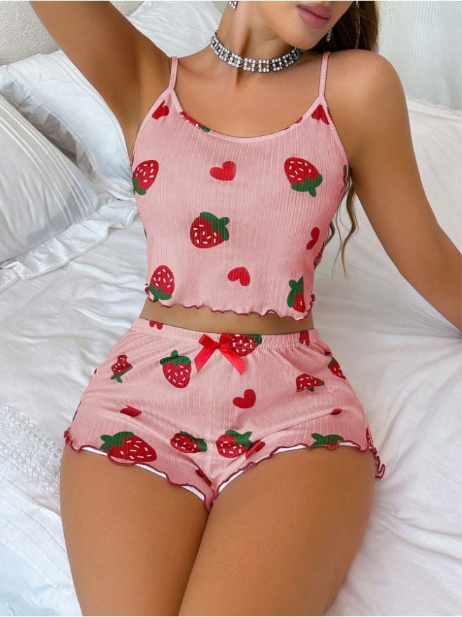 Zweiteiliges Set aus Camisole-Shorts mit Herz-Print und sexy Loungewear aus Milchseide_voghion.com
