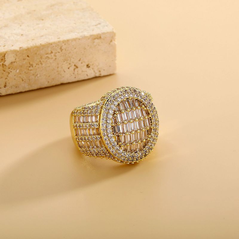 Retro Geometric Hip Hop Ring – Cubic Zirconia Halo Men's/Women's Statement Jewelry, Vintage Disc Design, Prong Set Stones, Gold/Silver (Sizes 7-11)_voghion.com